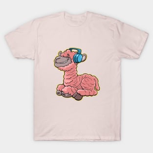 pink llama is listening to good music on headphones T-Shirt